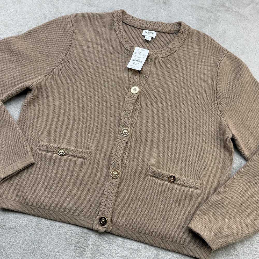 J.Crew Emilie Patch-Pocket Lady Cardigan Women's L Tan Cotton Sweater Old Money